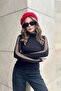 Women's Black Turtleneck, Tulle Stripe Long Sleeve, Body Fitting, Stretch, Knitted Blouse - 4
