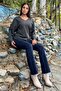Black Glitter, Bat Sleeve, V-Neck, Knitted Knitwear Sweater - 6