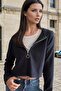 Navy Blue Half Zipper, Hooded, Casual Blouse
