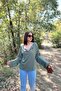 Women's Khaki Long Sleeve, Double Cuff, Split Collar, Loose Sweatshirt Blouse - 4