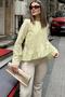 Women's Yellow Front Ruffle, Round Neck, Long Back Cotton Loose Blouse - 2