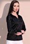 Women's Black Modern Style Self Textured Polo Neck Blouse Sweatshirt - 5