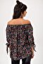 Women's Navy Blue Strapless Neckline Three Quarter Sleeve Leaf Print Sleeve Shirred Regular Cutout Blouse - 5