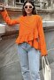 Orange Loose Blouse - Ruffle, Round Neck, Long Cotton Back - 5