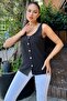 Women's Black Round Neck and Button Detailed Linen Tank Top Blouse with Thick Straps - 3
