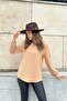 Women's Camel Long Three-Quarter Sleeve, Kiss Collar, Pompom Fabric Basic Cut Blouse - Suitable for Hijab - 4
