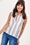 Women's Ecru Striped Regular Cut Zero Sleeve Standard Length Polo Neck Blouse - 7