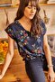 Women's Navy Blue Floral Patterned Short Sleeve V-Neck Comfortable Blouse Plus Size Options - 3