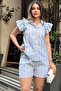 Women's Blue Short Sleeve, Flare Ruffle Design on the Shoulders, Sweat-Proof, Stripe Pattern Fisto Shirt - 4
