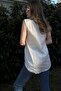 Women's Yellow Striped, Textured Summer Fabric, Half Placket, Zero Sleeve Blouse - 3