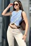 Women's Blue Cross-Layered Front, Sleeveless, Round Neck, Crop Denim Blouse - 6
