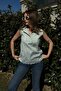 Women's Green Striped, Textured Summer Fabric, Half Placket, Zero Sleeve Blouse - 4