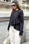 Women's Black Frill Front, Round Neck, Long Back Cotton Loose Blouse - 5