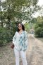 Green & Beige, Geometric Print, Melange Texture, V-Neck Long Sleeve Loose Women's Blouse - 4