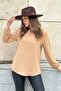Women's Camel Long Three-Quarter Sleeve, Kiss Collar, Pompom Fabric Basic Cut Blouse - Suitable for Hijab