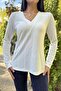 White V-Neck, Long Sleeve, Knitwear Blouse - 2
