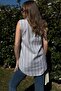 Women's Navy Striped, Textured Summer Fabric, Half Placket, Zero Sleeve Blouse - 4