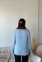 Women's Baby Blue Polo Neck Linen Blouse, Long Sleeve, Regular Fit, Casual and Sports Sweatshirt - 2