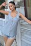 Women's Gray Round Neck and Button Detailed Linen Tank Top with Thick Straps - 2