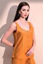 Women's Mustard Thick Strap Linen Blouse, Round Neck and Button Sleeveless Shirt Tank Top - 4