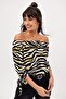 Women's Ecru Strapless Neckline Three Quarter Sleeve Leaf Print, Gathered Sleeve Regular Cut Standard Length Blouse - 4