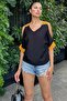 Women's Black Off Shoulder Short Sleeve, Loose Linen Blouse - 3