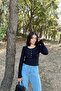 Women's Black Round Neck, Long Sleeve, Frill Detailed Half Placket Snap Camisole Blouse - 3