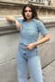 Women's Blue Openwork Mercerized Knitwear Knitted, Sweatproof, Loose Fit, Polo Neck Blouse - 2