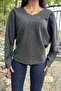 Black Glitter, Bat Sleeve, V-Neck, Knitted Knitwear Sweater - 4