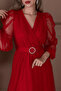 Tulle Double-Breasted Collared Maxi Dress - Red - 2