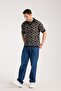 Men's Polo Neck Geometric Patterned Short Sleeve Knitwear T-Shirt - Navy Blue Beige - 5