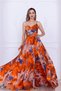 Chiffon Patterned Long Evening Dress with Straps - Orange - 3
