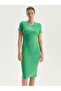 Green Crew Neck Plain Short Sleeve Dress - 2