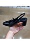 Women's Blunt Toe Thick Heel Wide Mold Black-Navy Blue Open Back Heeled Shoes - 3