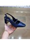 Women's Blunt Toe Thick Heel Wide Mold Black-Navy Blue Open Back Heeled Shoes - 4