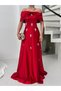 Red Low-Shoulder Strapless Stone-Embellished Satin Evening Dress - 3