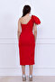 Atlas Fabric Shoulder Organza Detailed Pencil Dress - Red - 6
