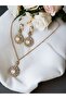 Zircon Stone Flower Figure Pearl Necklace and Earrings - 6
