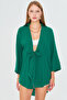 Women's Dark Green Self Striped Front Tie Kimono Shirt Arm-24Y001101