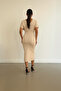 Beige Scuba Fabric Stone Detail Belted Evening Dress - 2
