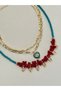 Triple Necklace (Blue Enamel Eye Necklace, Gold Cube Necklace and Turquoise Necklace with Red Coral Details)