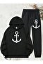 Sailor Anchor Printed Hooded Bottom Top Oversize Unisex Black Gray Tracksuit Set