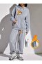 Pocket Zipper Cute Bear Printed Hooded Bottom Top Oversize Women's Black Gray Tracksuit Set