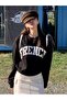 Women's Black French Printed Crop Crew Neck Sweatshirt