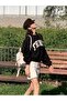 Women's Black French Printed Crop Crew Neck Sweatshirt - 6