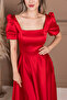 Satin Square Neck Balloon Sleeve Midi Dress - Red - 2