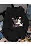 Couple Cat Printed Hooded Pocket Cotton Black Sweatshirt
