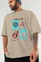 Music Club Front Printed Beige Oversize T-Shirt Men's Women's 100% Cotton Crew Neck T-Shirt - 3