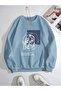 Blue Women's Beauty Special Chest Printed Oversize Crew Neck