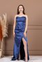 Satin Ruffled Collar Long Evening Dress - Indigo Blue